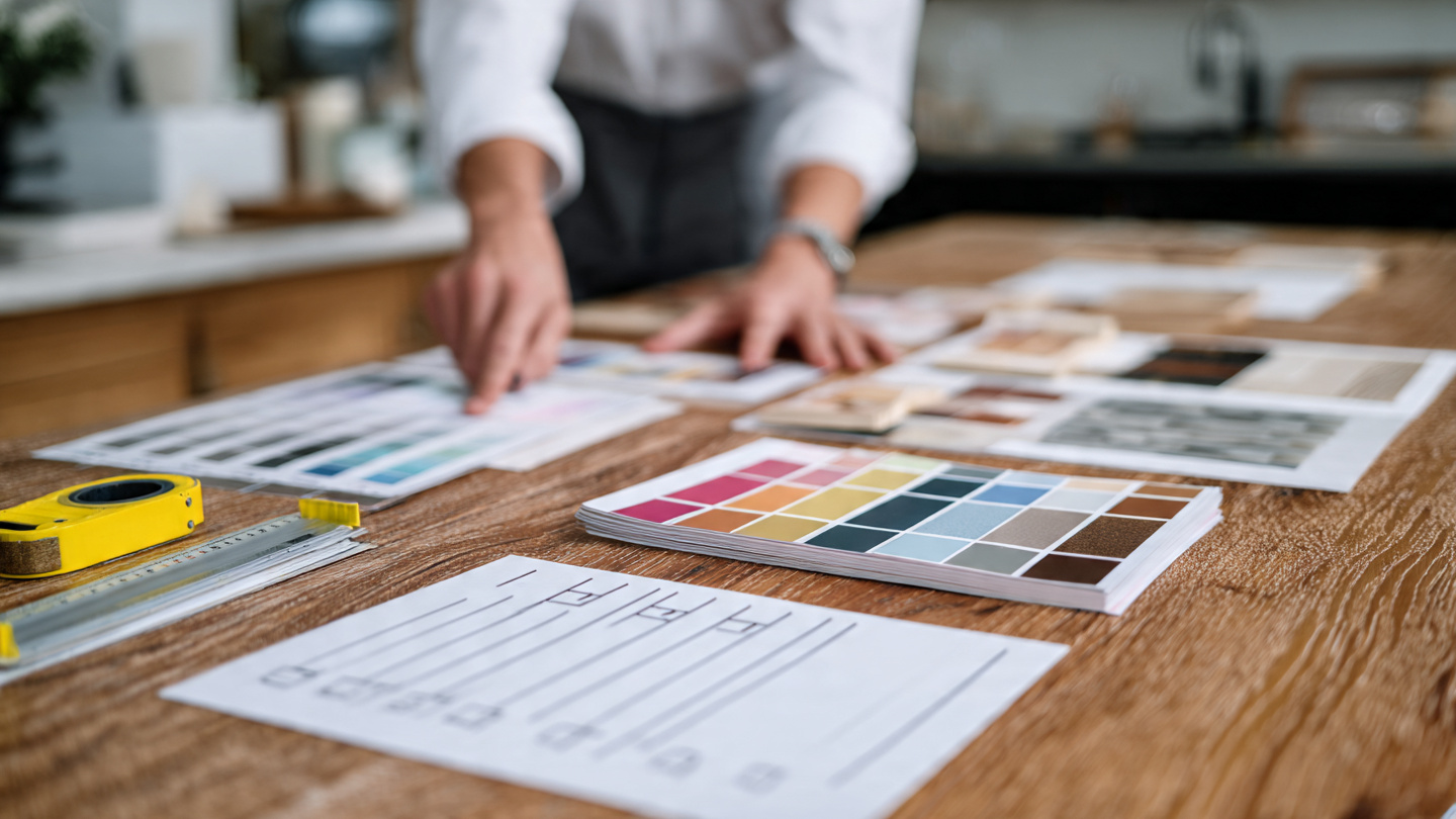 Close-up of color swatches and a ruler on a wooden table with a person in the background planning a painting project, representing top residential and commercial painters in Sydney 2025.