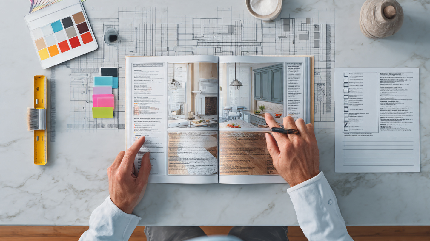 Interior design planning with color samples, architectural blueprints, and open magazine on marble table. Best Sydney painters, residential and commercial painting experts 2025.